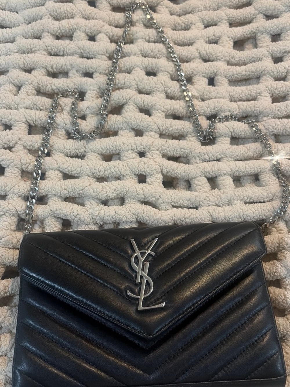 Saint Laurent Black Chevron Quilted Leather Crossbody with Silver Chain
